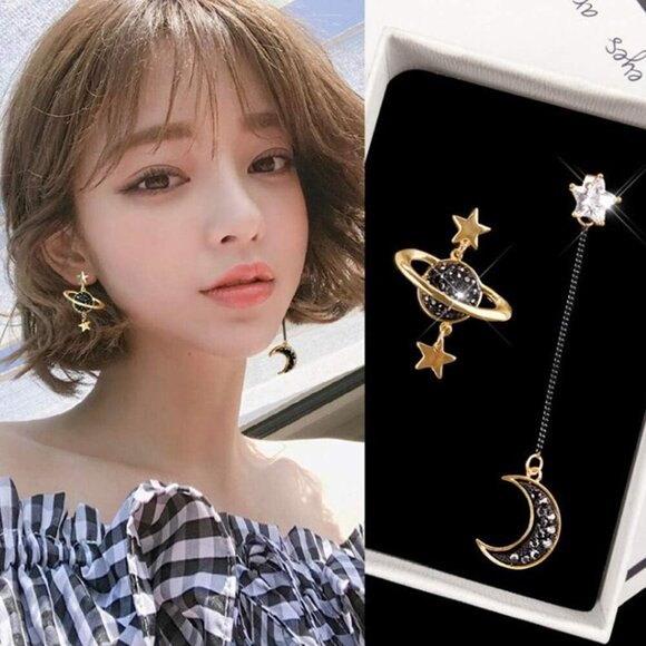 Stylish Mismatched Moon Star Earrings - Hypoallergenic Dangle Jewelry For Women - Picture 5 of 7